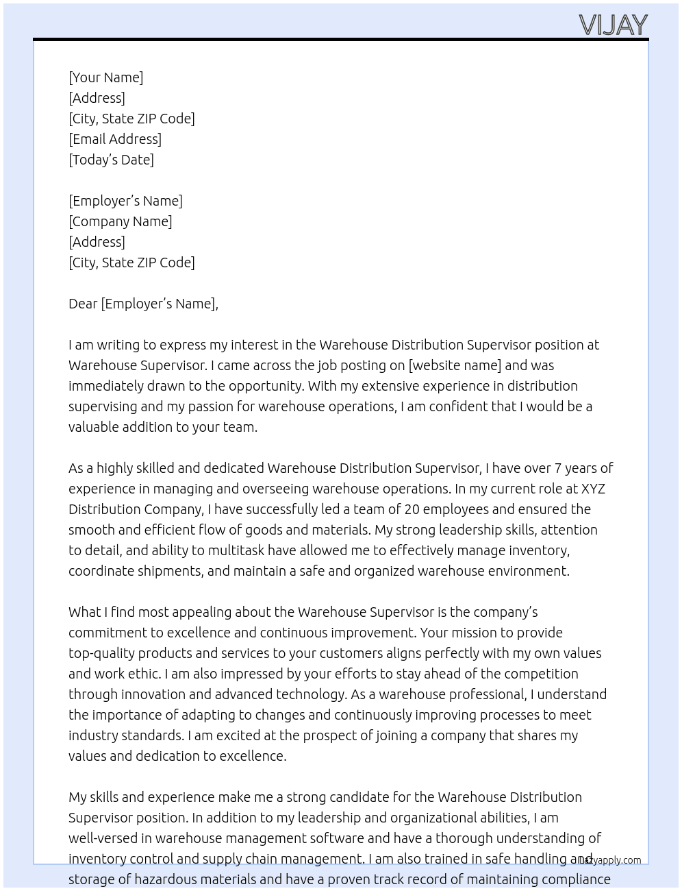 Warehouse Distribution supervisor  At Warehouse supervisor  Cover Letter