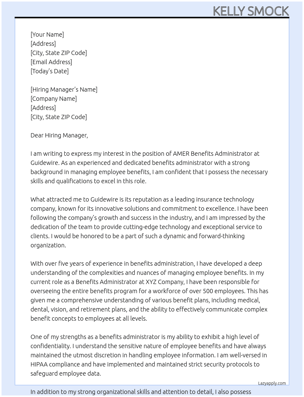 AMER Benefits Administrator At Guidewire Cover Letter