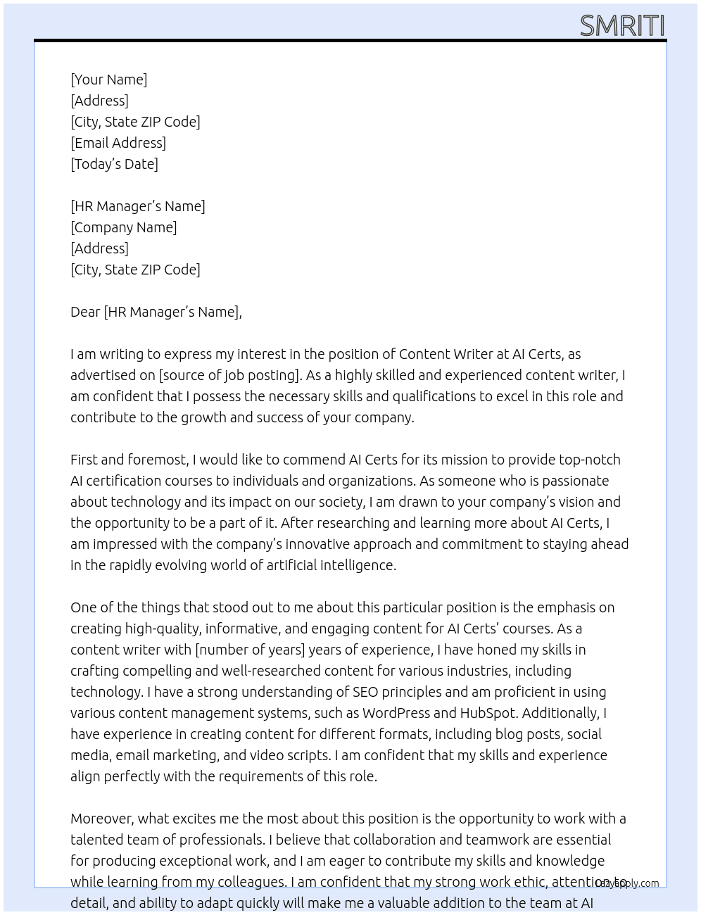 Content writer At AI Certs Cover Letter