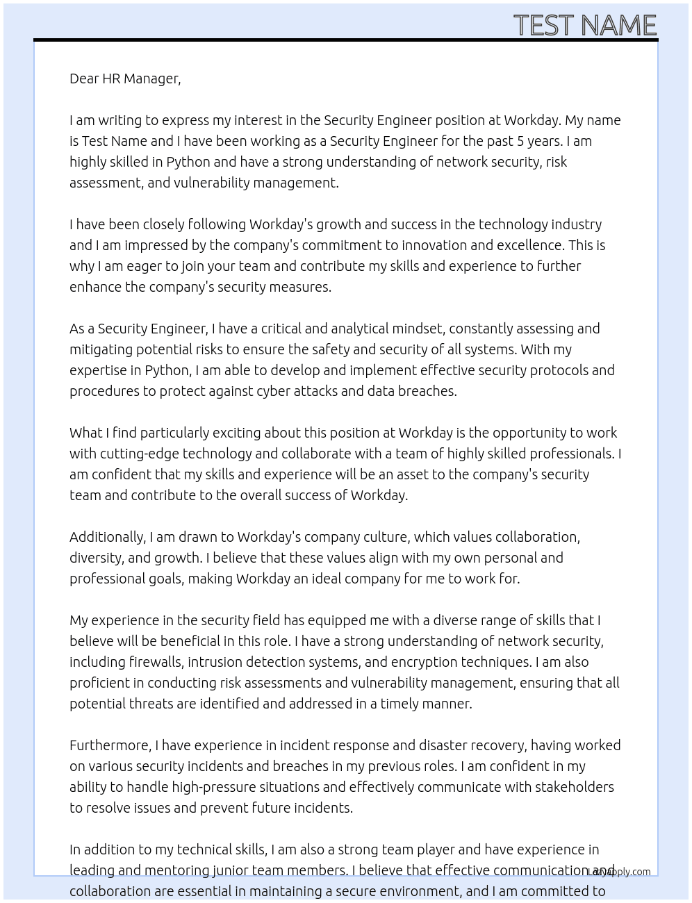 Security Engineer At Workday Cover Letter