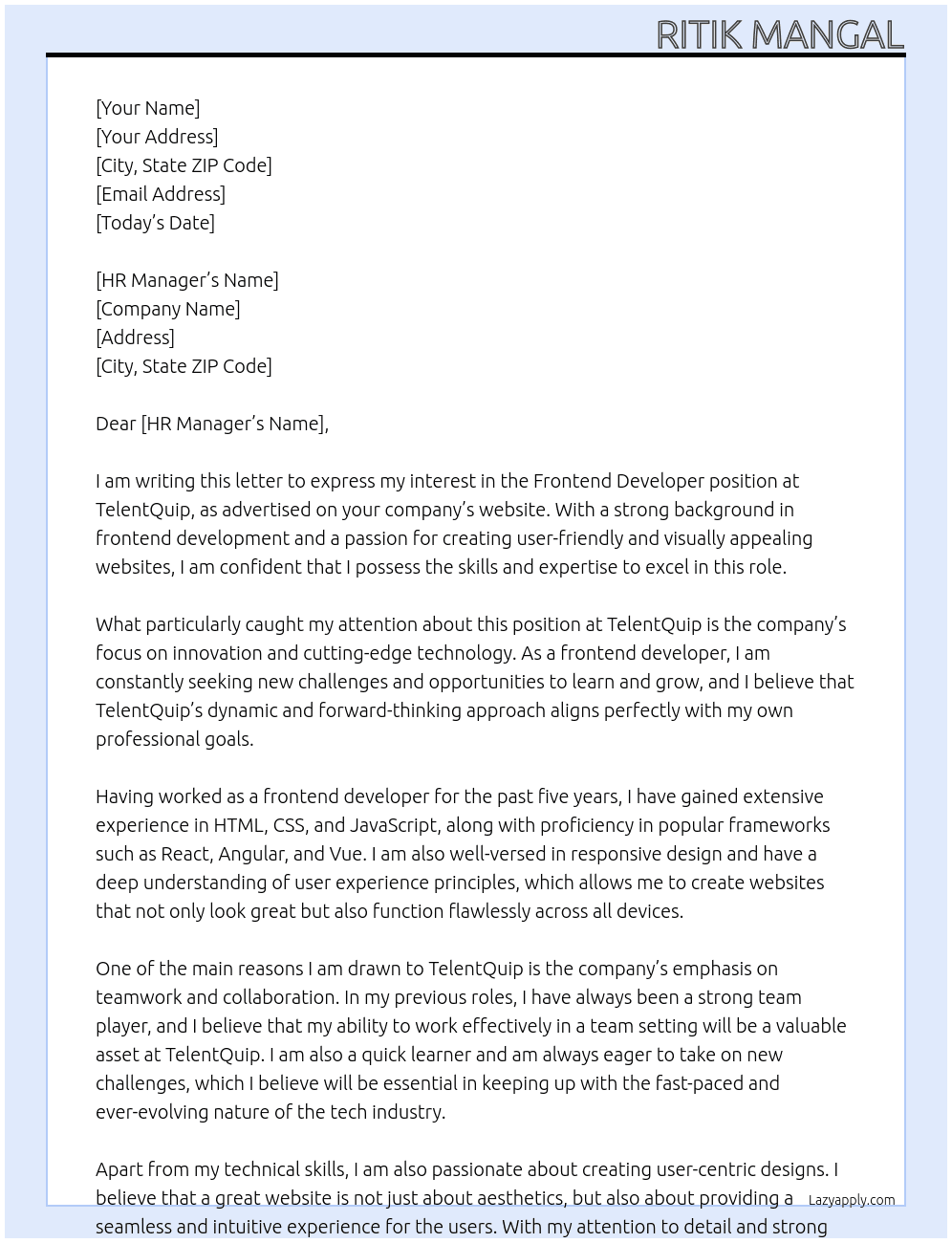 frontend developer At TelentQuip Cover Letter