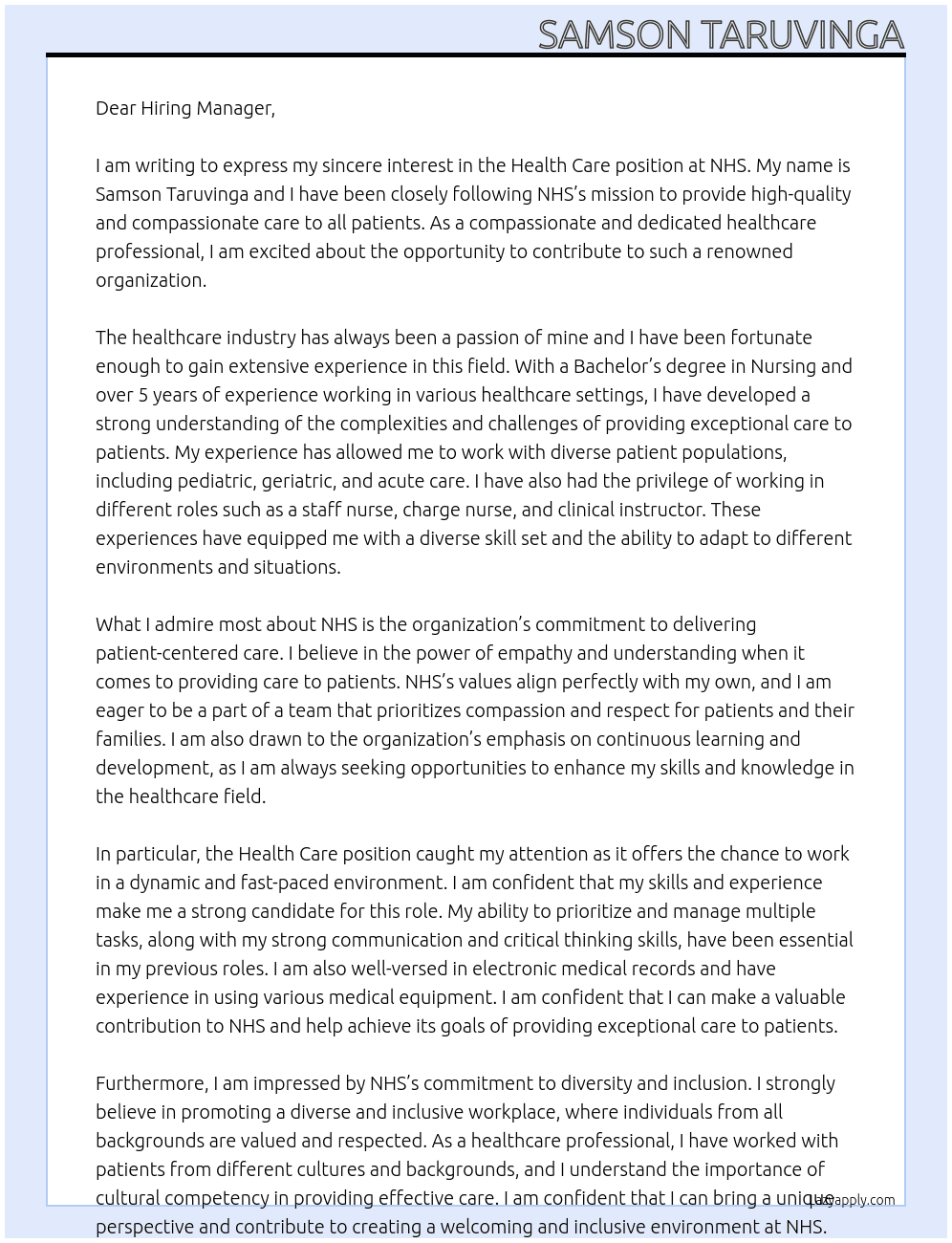 health care At NHS Cover Letter
