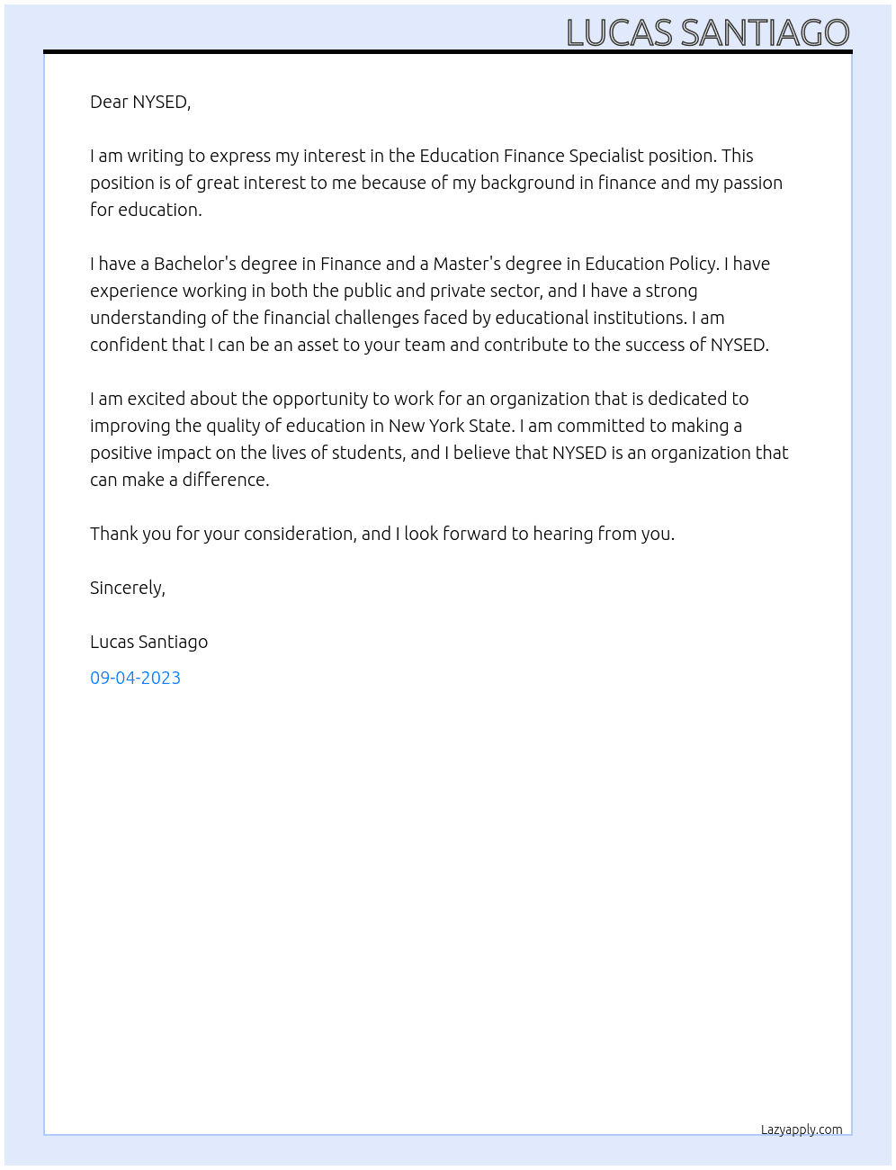 Education Finance Specialist At NYSED Cover Letter