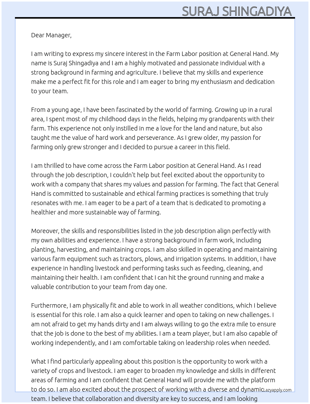 Cover letter for farm laubor - LazyApply