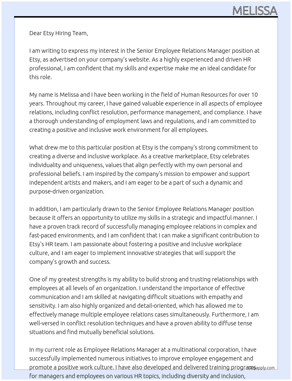 Senior Employee Relations Manager  At Etsy Cover Letter