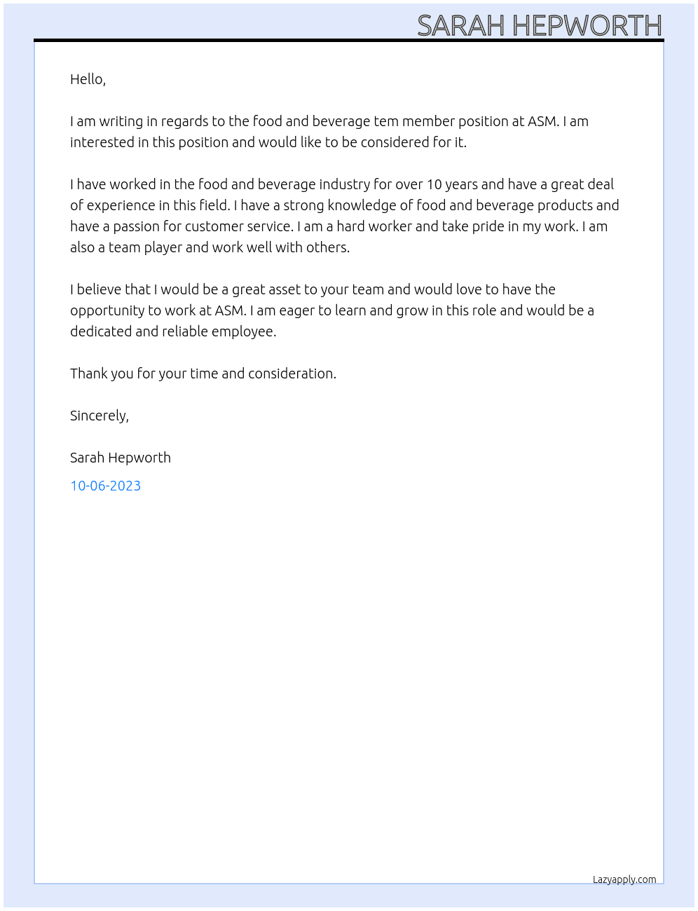 food and beverage tem member At ASM Cover Letter