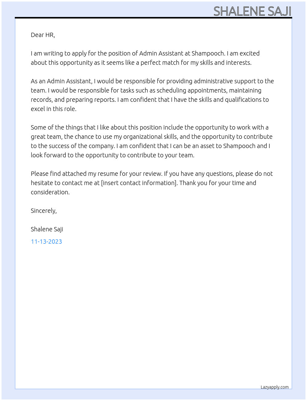 Admin Assistant At Shampooch Cover Letter