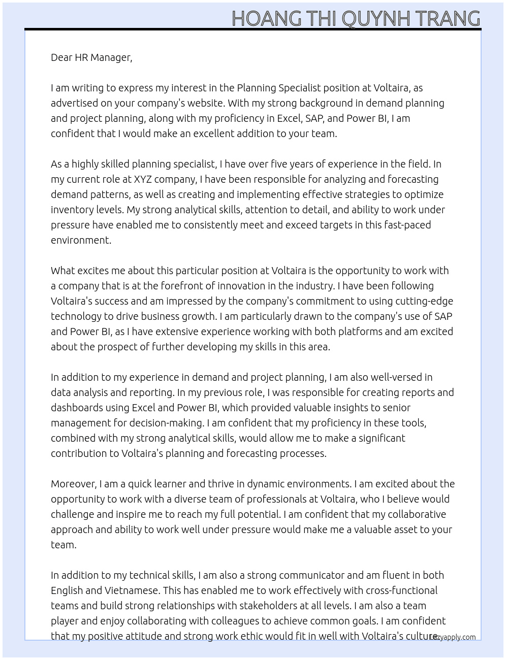 Planning Specialist At Voltaira Cover Letter