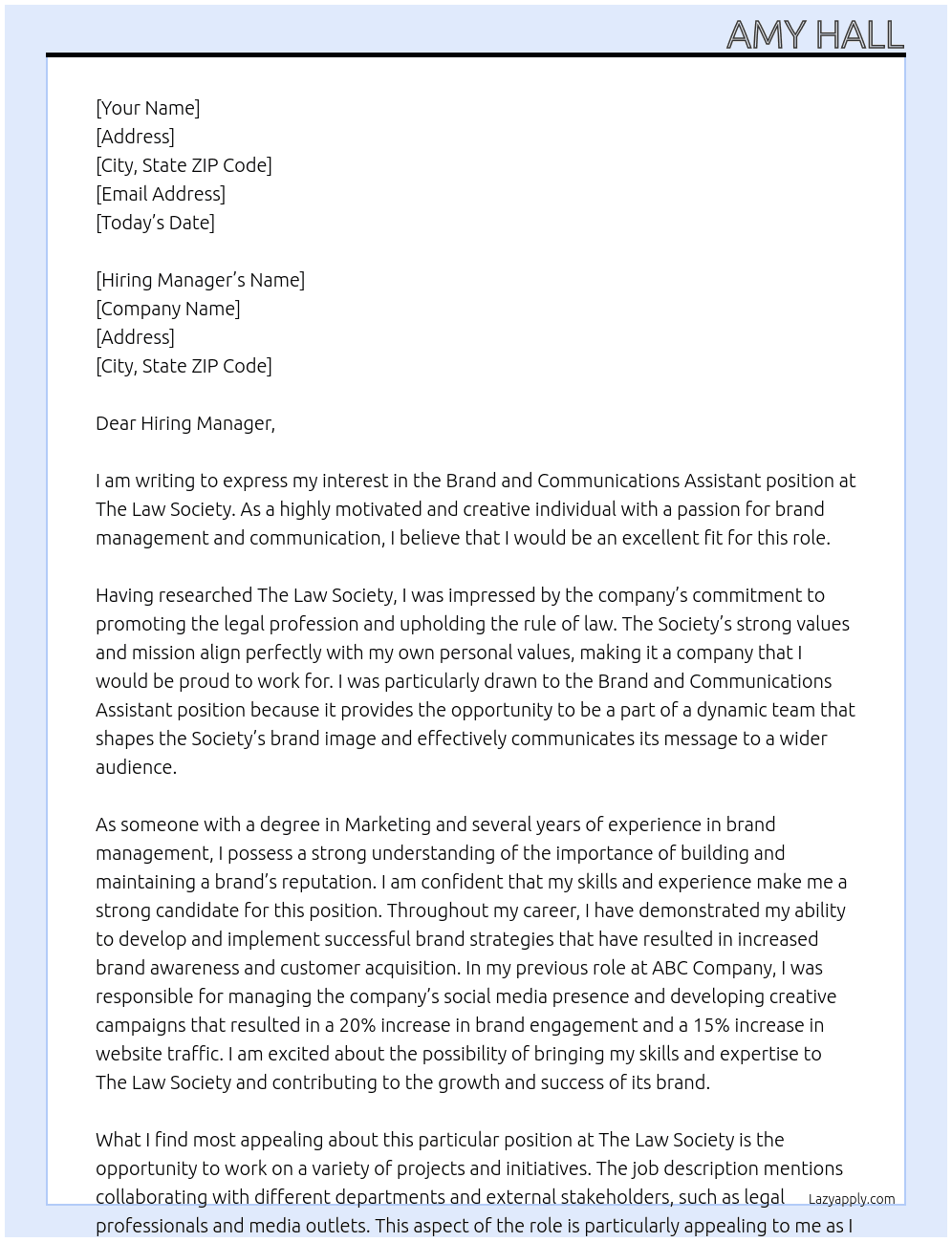 Brand and Communications Assistant  At The law society Cover Letter