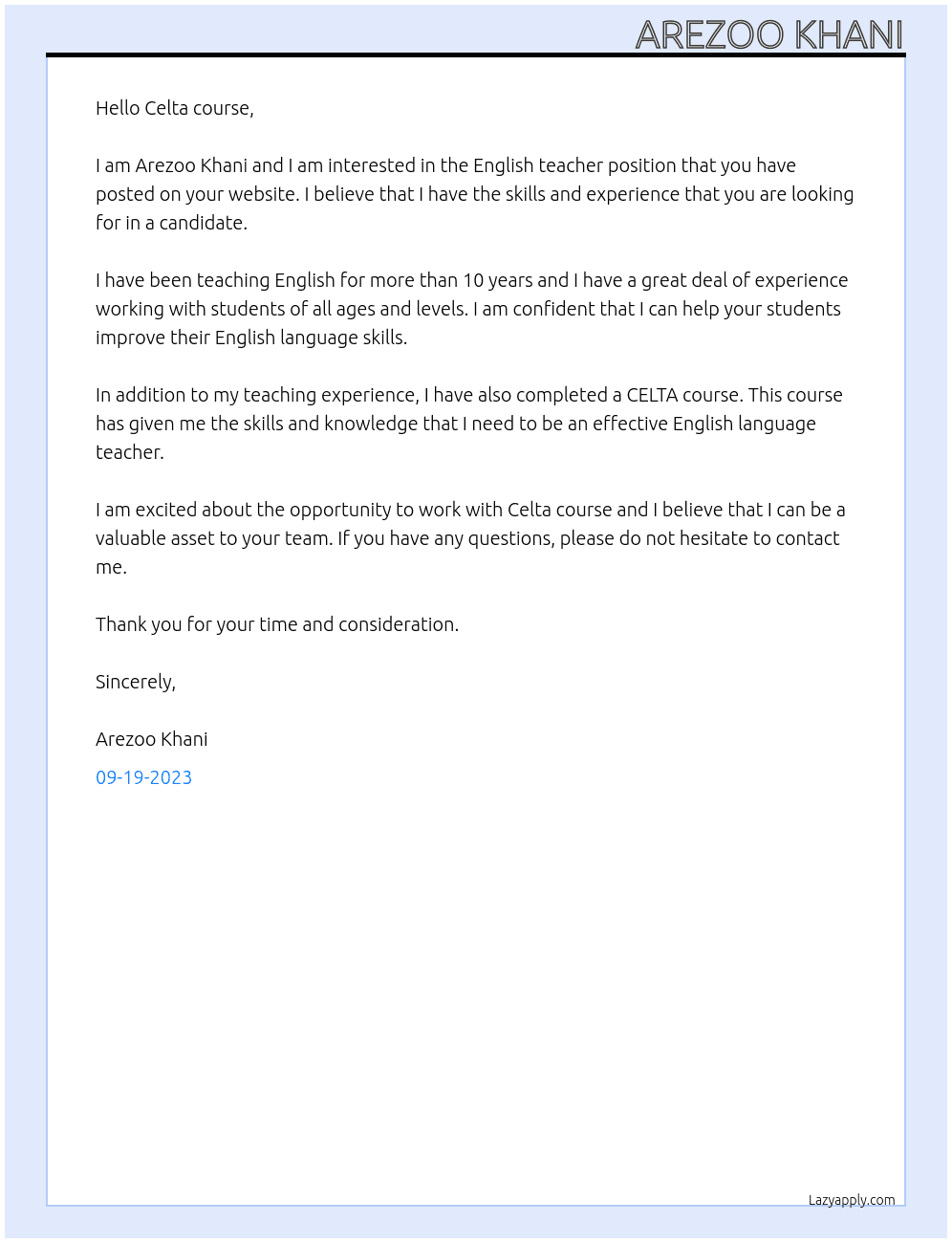 English teacher At Celta course Cover Letter