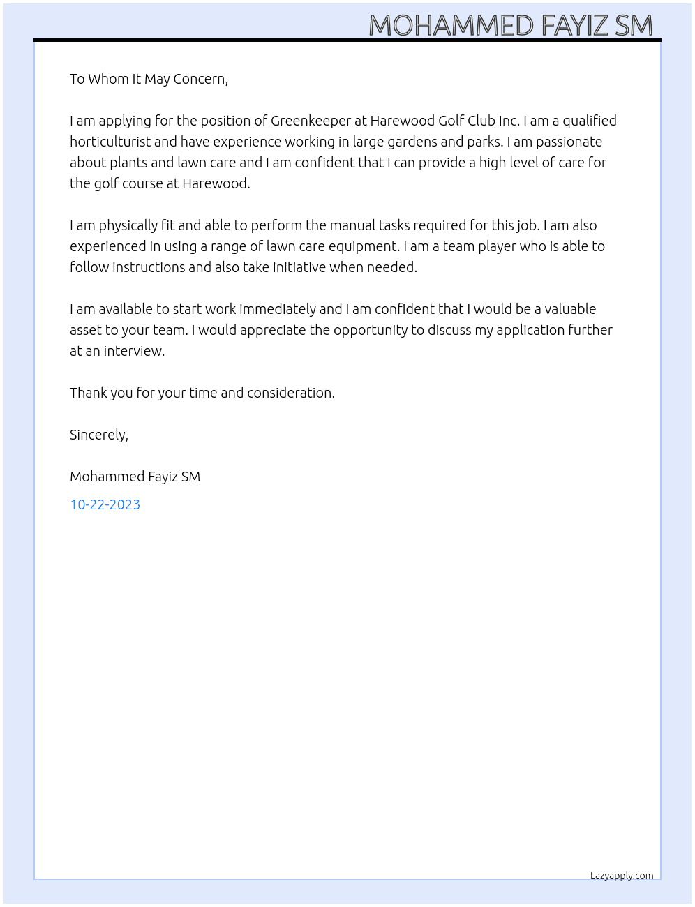 Greenkeeper At Harewood Golf Club Inc. Cover Letter