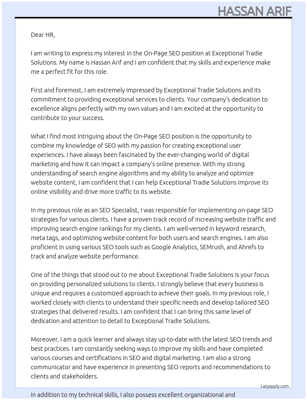 Cover letter for on page seo - LazyApply