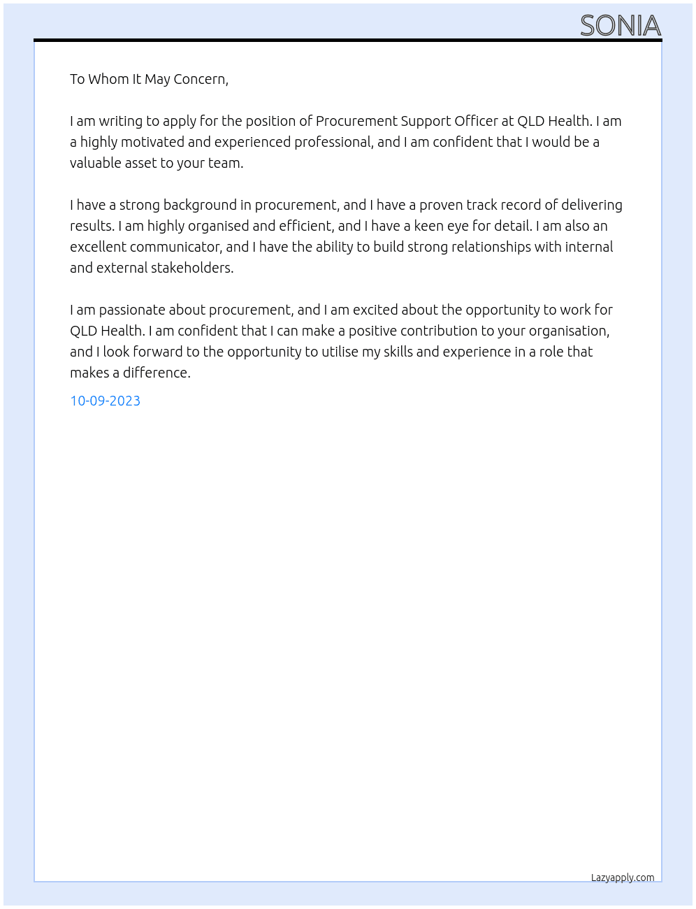 Procurement Support Officer At QLD Health Cover Letter