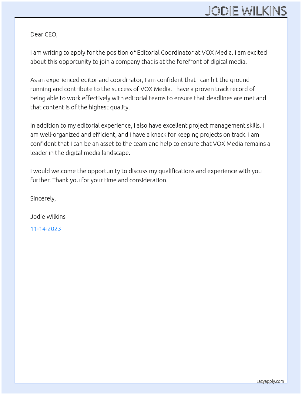 Editorial Coordinator  At VOX Media Cover Letter