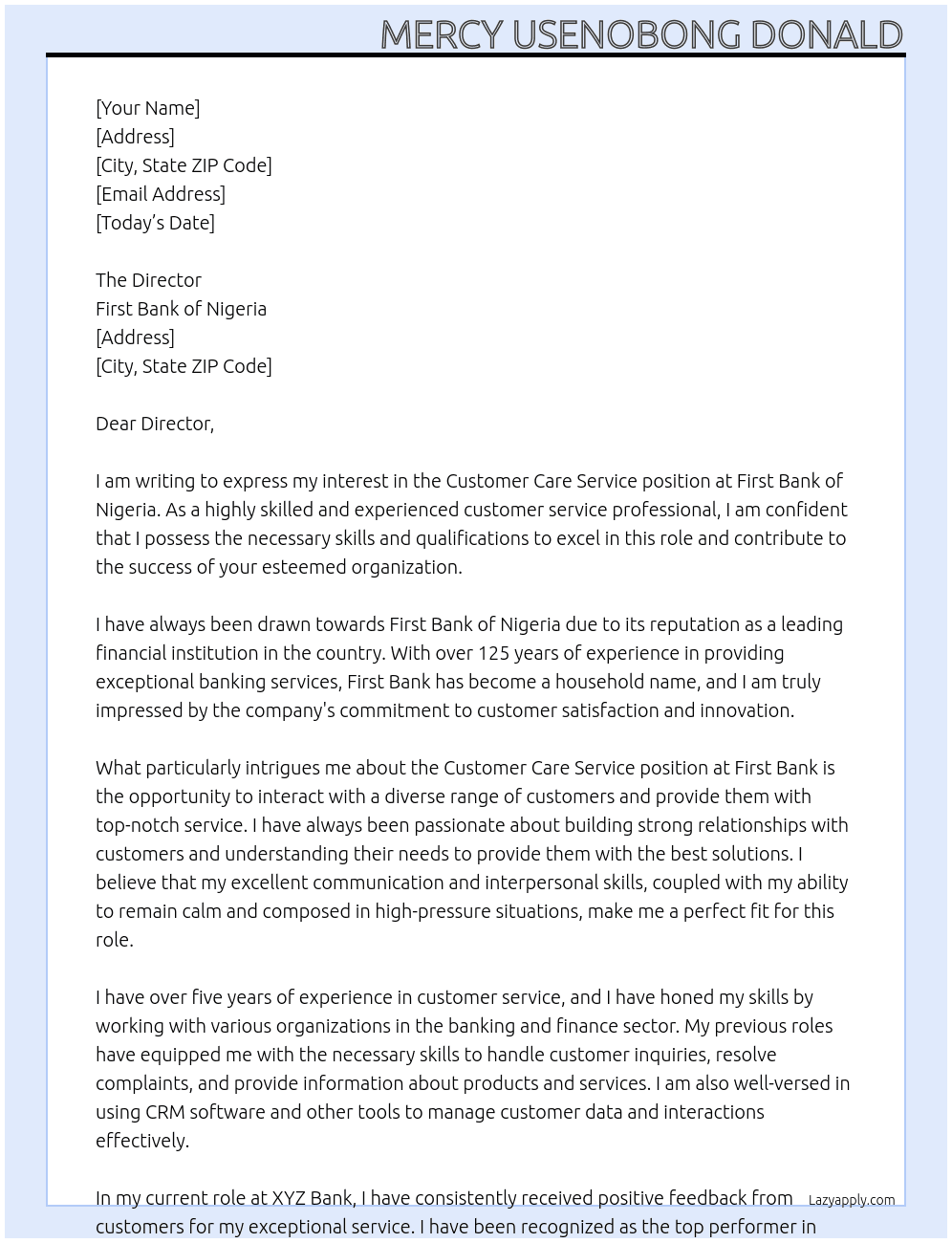 Customer Care Service At First Bank of Nigeria Cover Letter