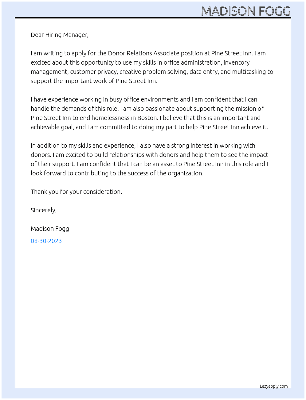 Donor Relations Associate At Pine Street Inn Cover Letter