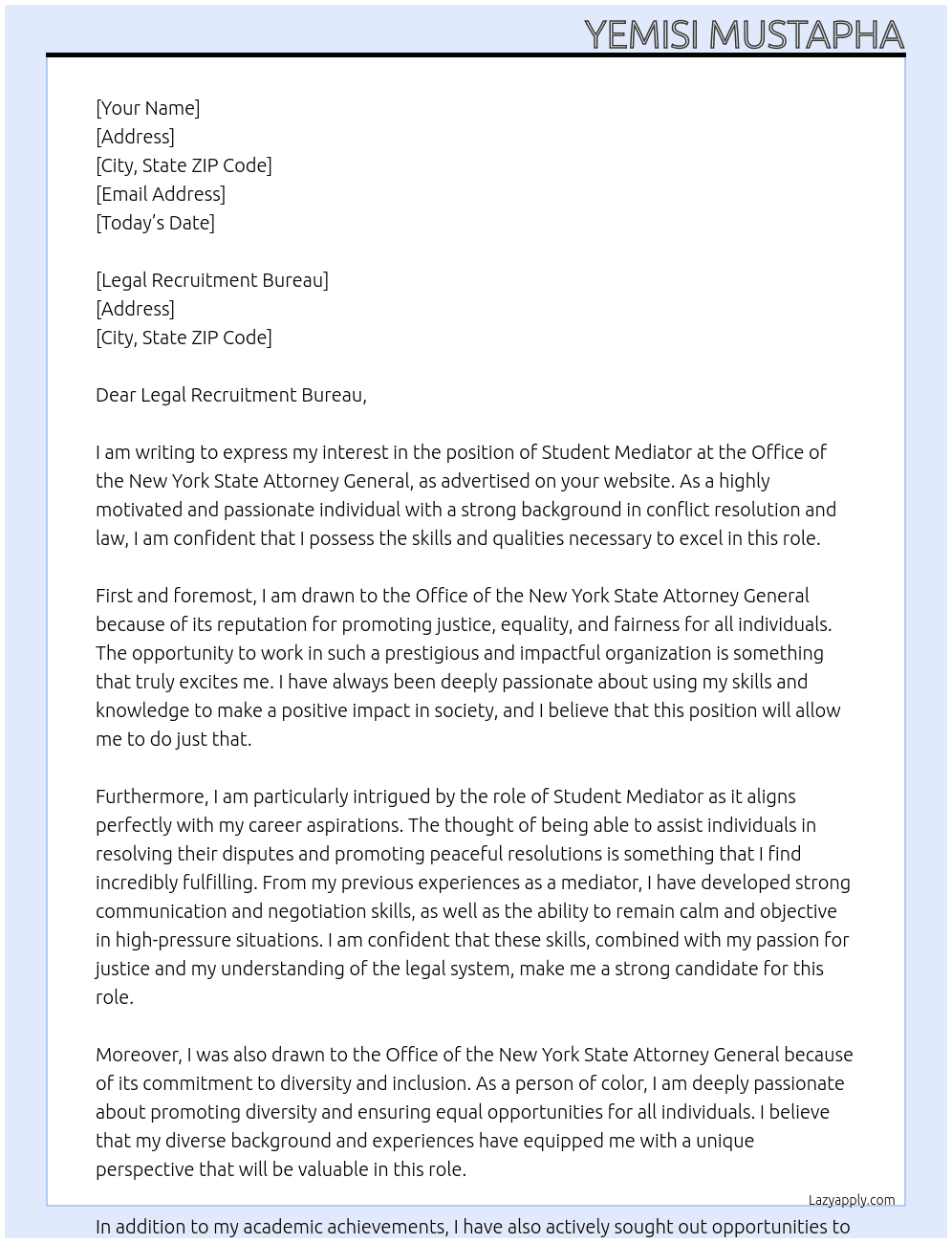 Student Mediator At Office of the New York State Attorney General Cover Letter
