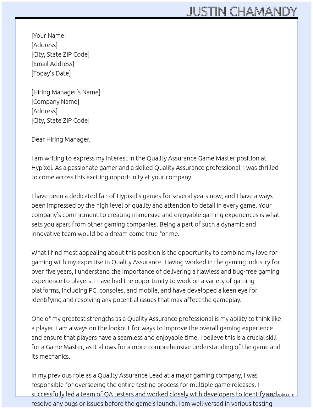 Quality Assurance Game Master  At Hypixel Cover Letter