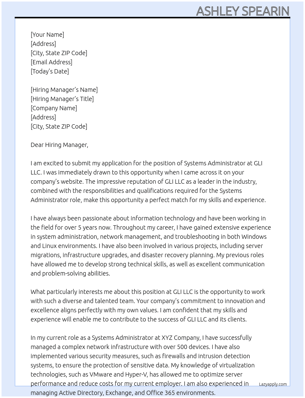 Systems Administrator At GLI LLC Cover Letter