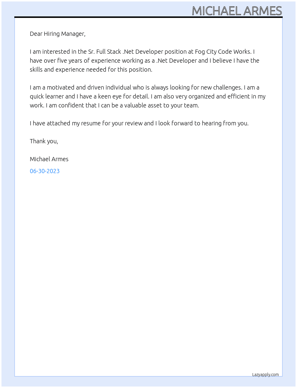 Sr. Full Stack .Net Developer At Fog City Code Works Cover Letter