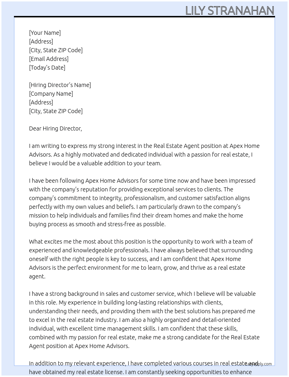Real Estate Agent At Apex Home Advisors Cover Letter