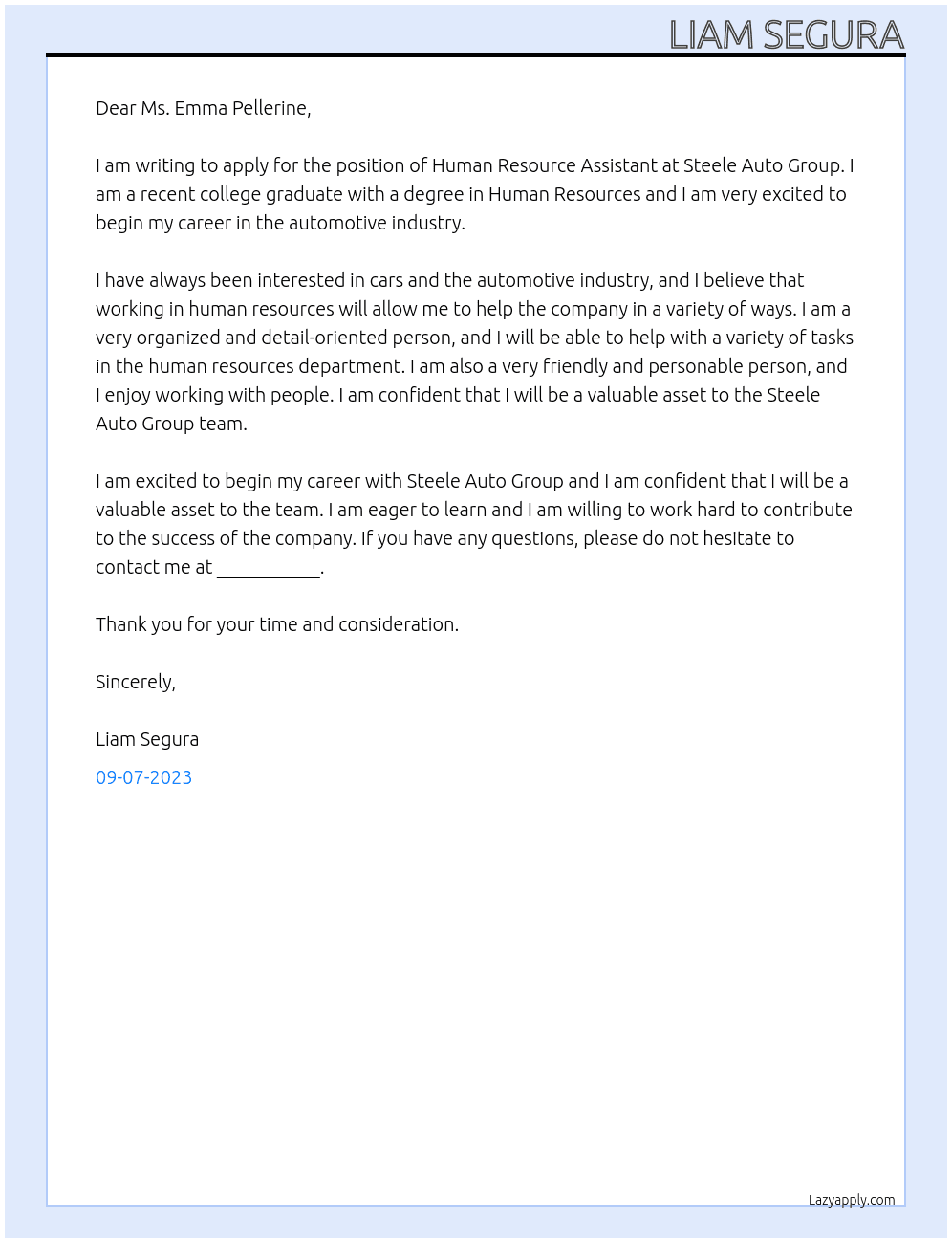 Human Resource Assistant At Steele Auto Group Cover Letter