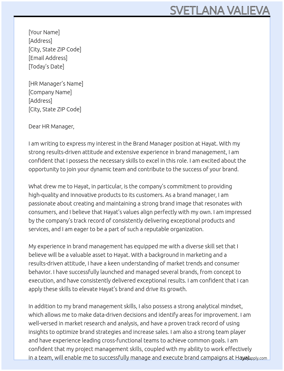 Brand Manager At Hayat Cover Letter