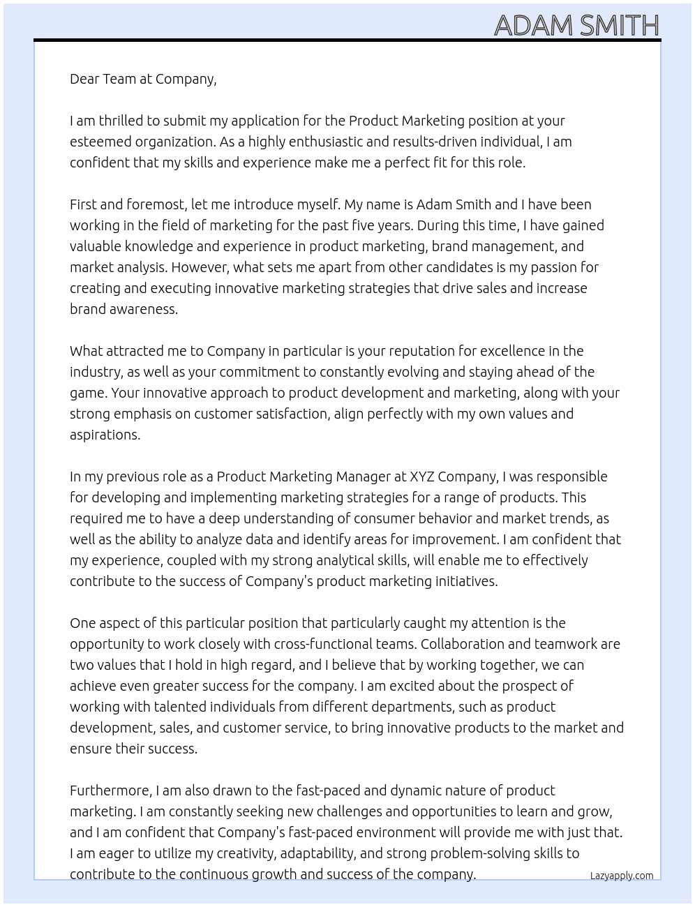 Product Marketing At Company Cover Letter