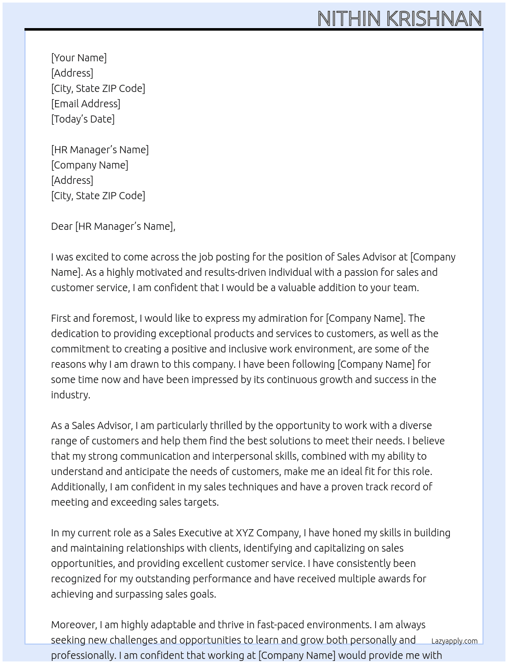 SALES ADVISOR At DANUBE Cover Letter