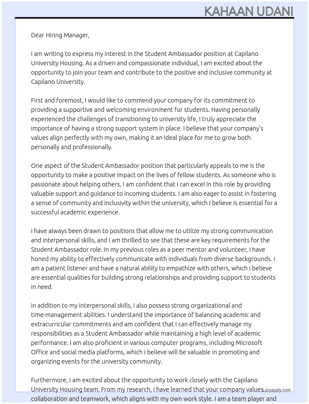 Student Ambassador  At Capilano University Housing Cover Letter