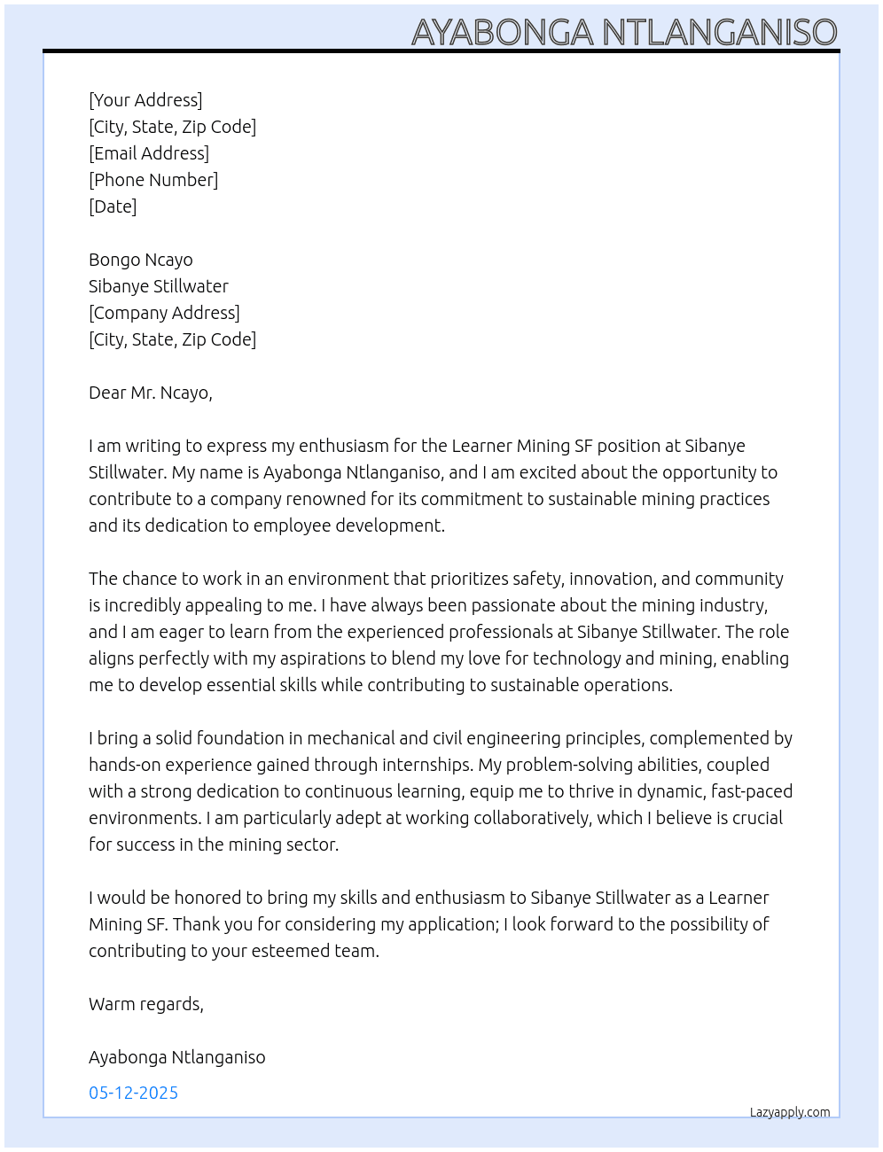 Learner Mining SF At Sibanye Stillwater Cover Letter
