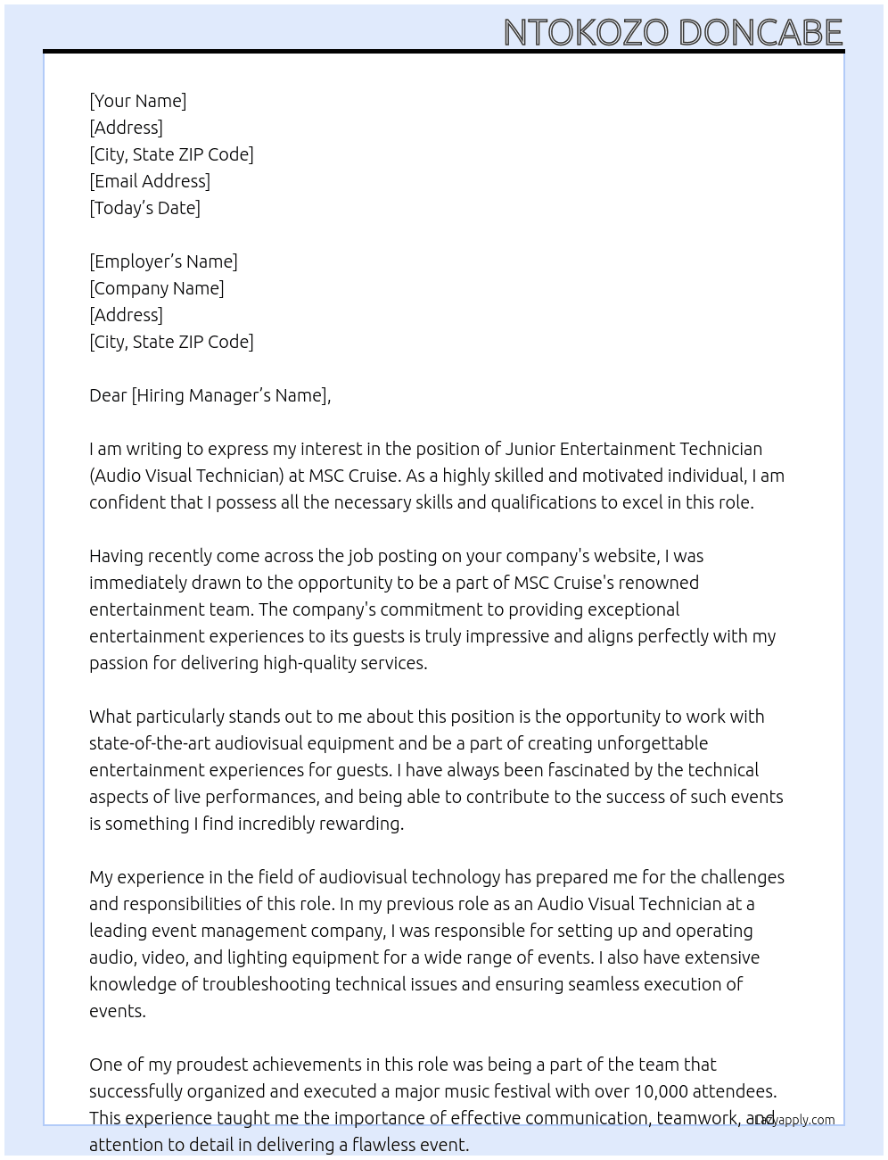 Junior Entertainment Technician (Audio Visual Technician) At MSC Cruise  Cover Letter