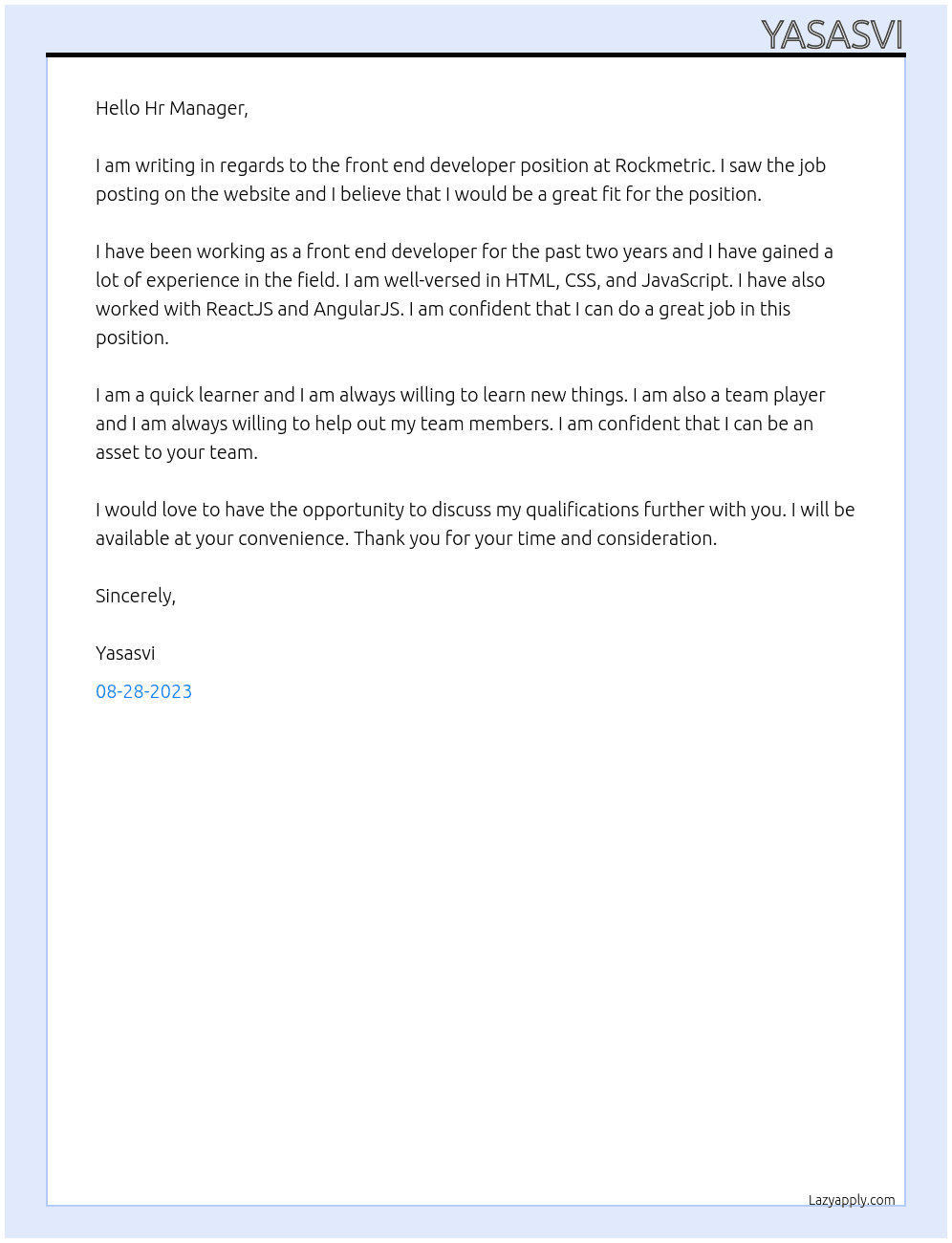 front end developer At Rockmetric Cover Letter