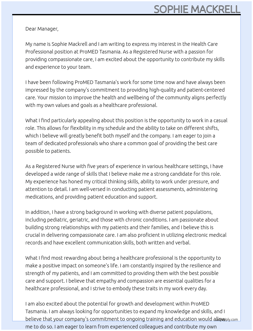 Health Care Professional At ProMED Tasmania Cover Letter