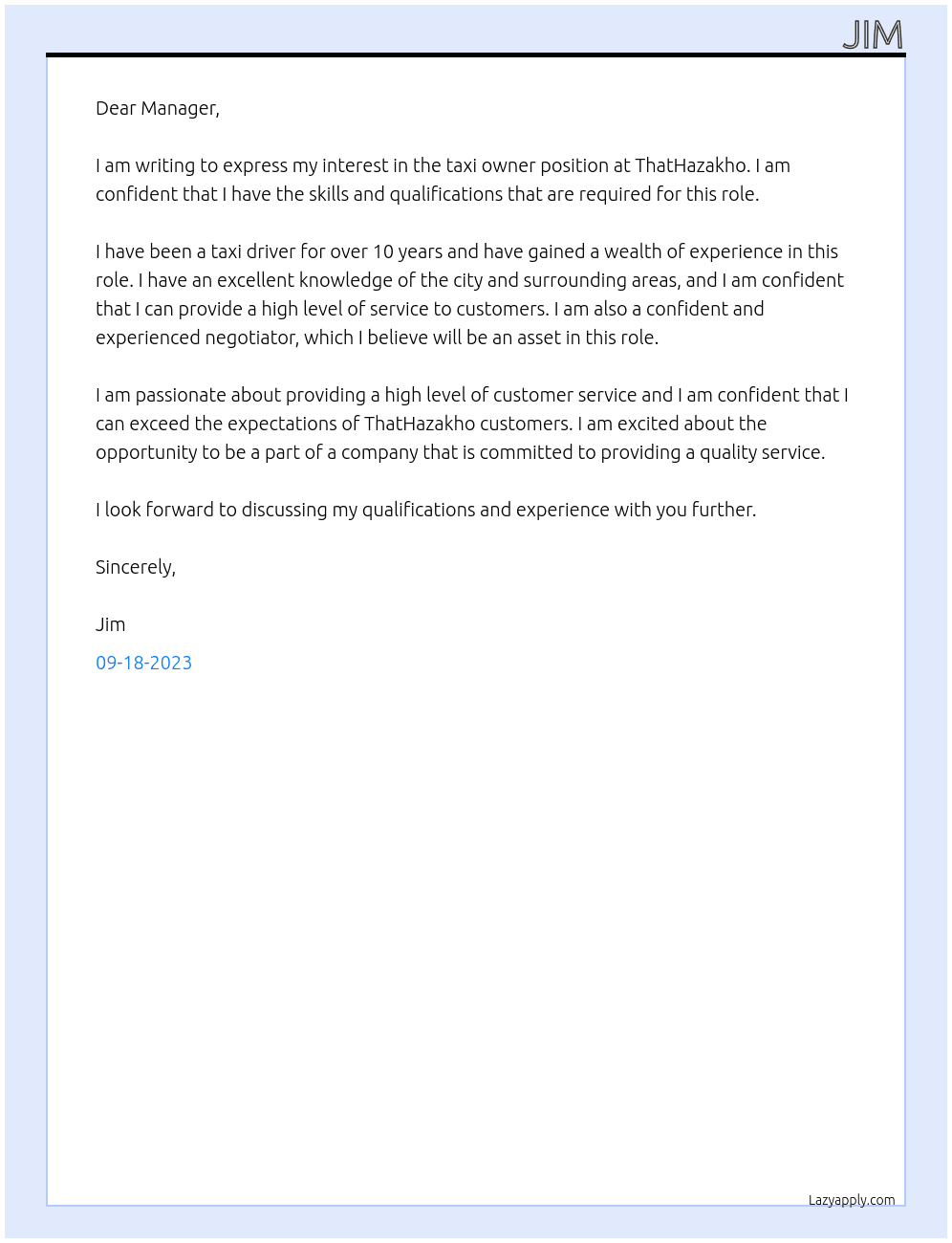 taxi owner At thathazakho Cover Letter