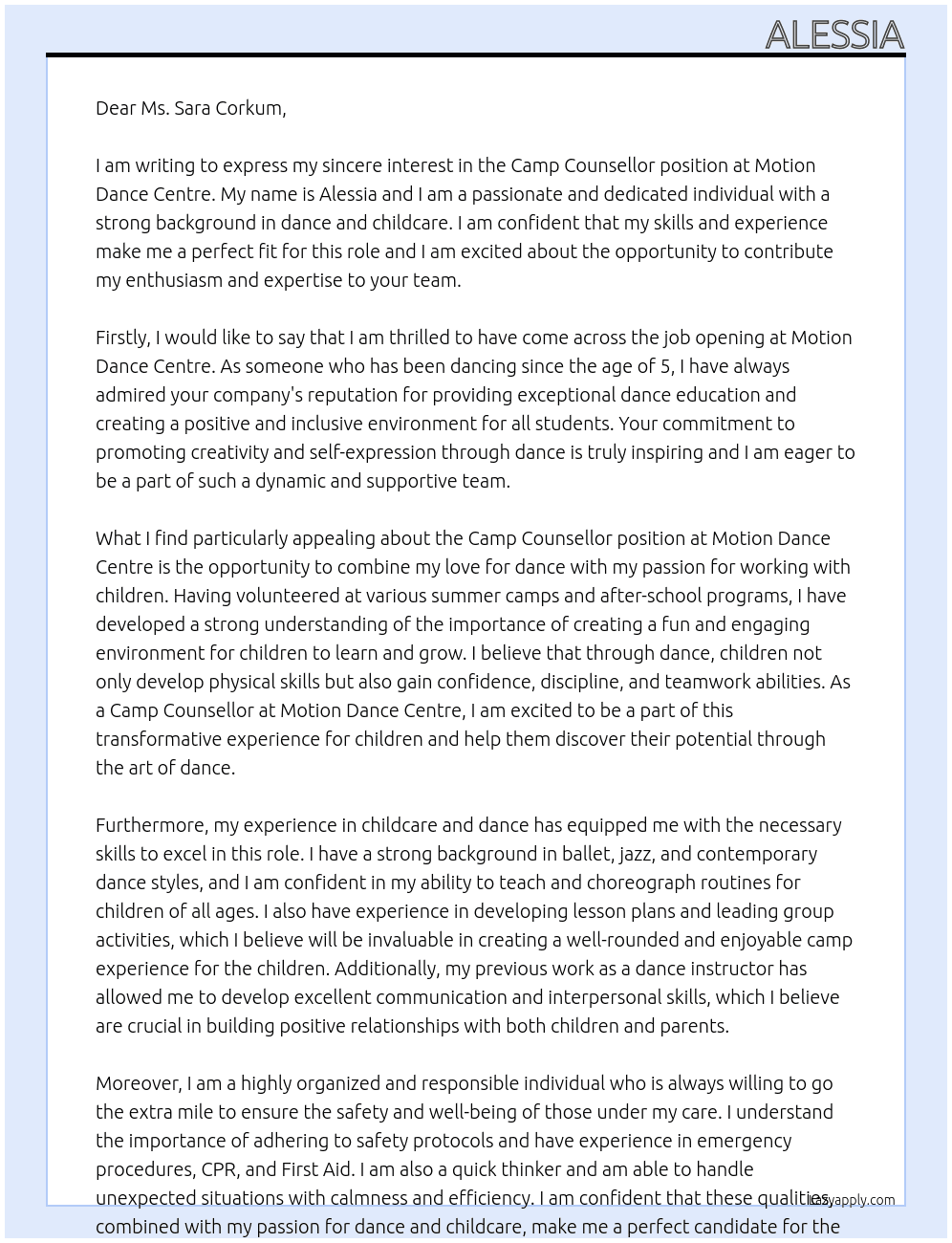 Camp Counsellor At Motion Dance Centre Cover Letter
