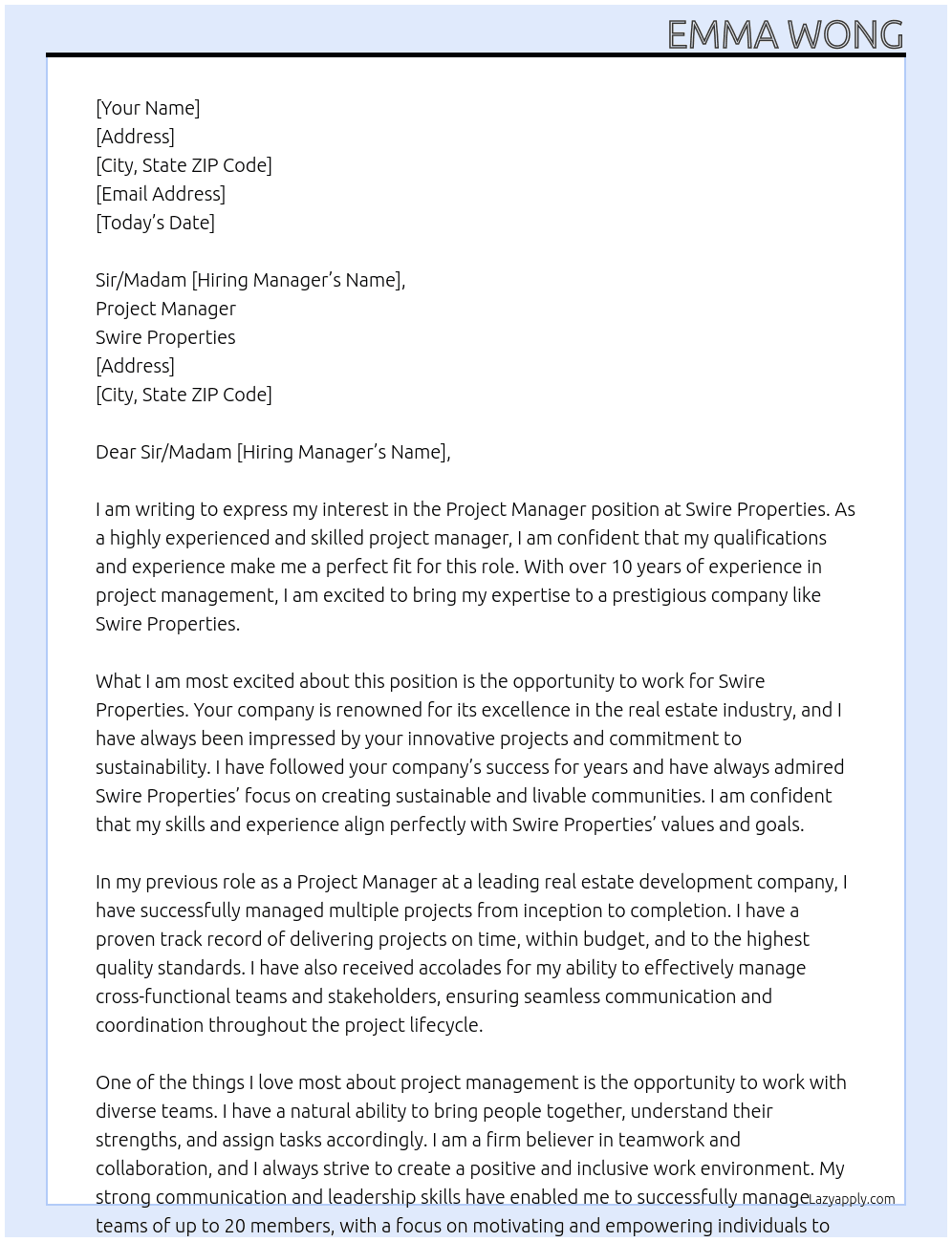 Project Manager At Swire Properties  Cover Letter