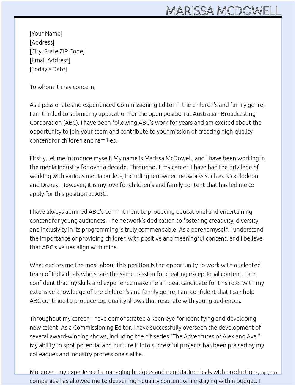 Commissioning Editor Children's and Family At Australian Broadcasting Corporation ABC a Cover Letter