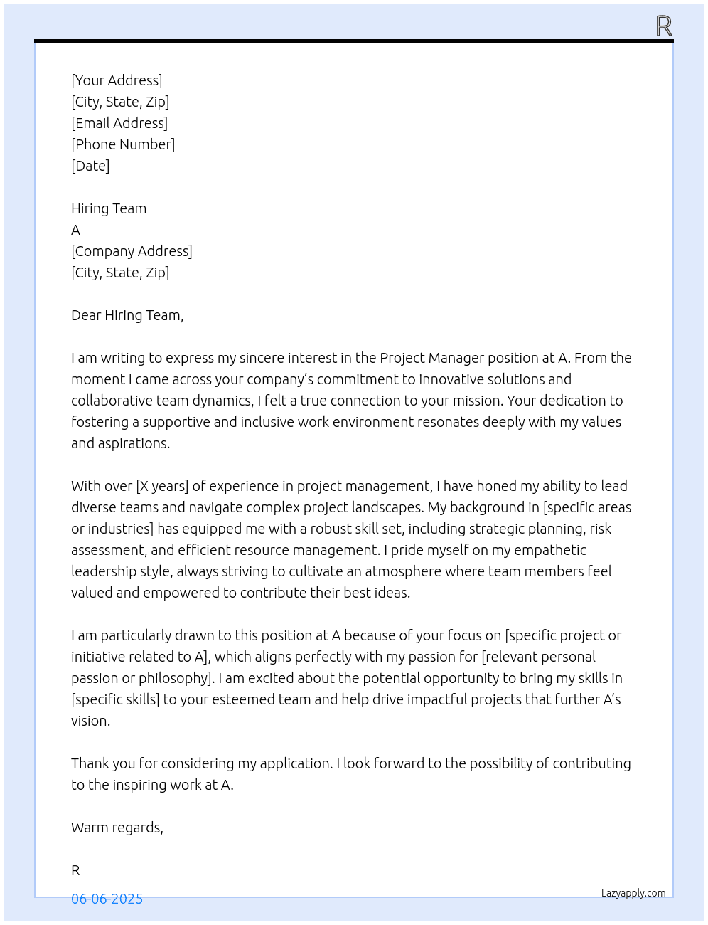 Project Manager At A Cover Letter