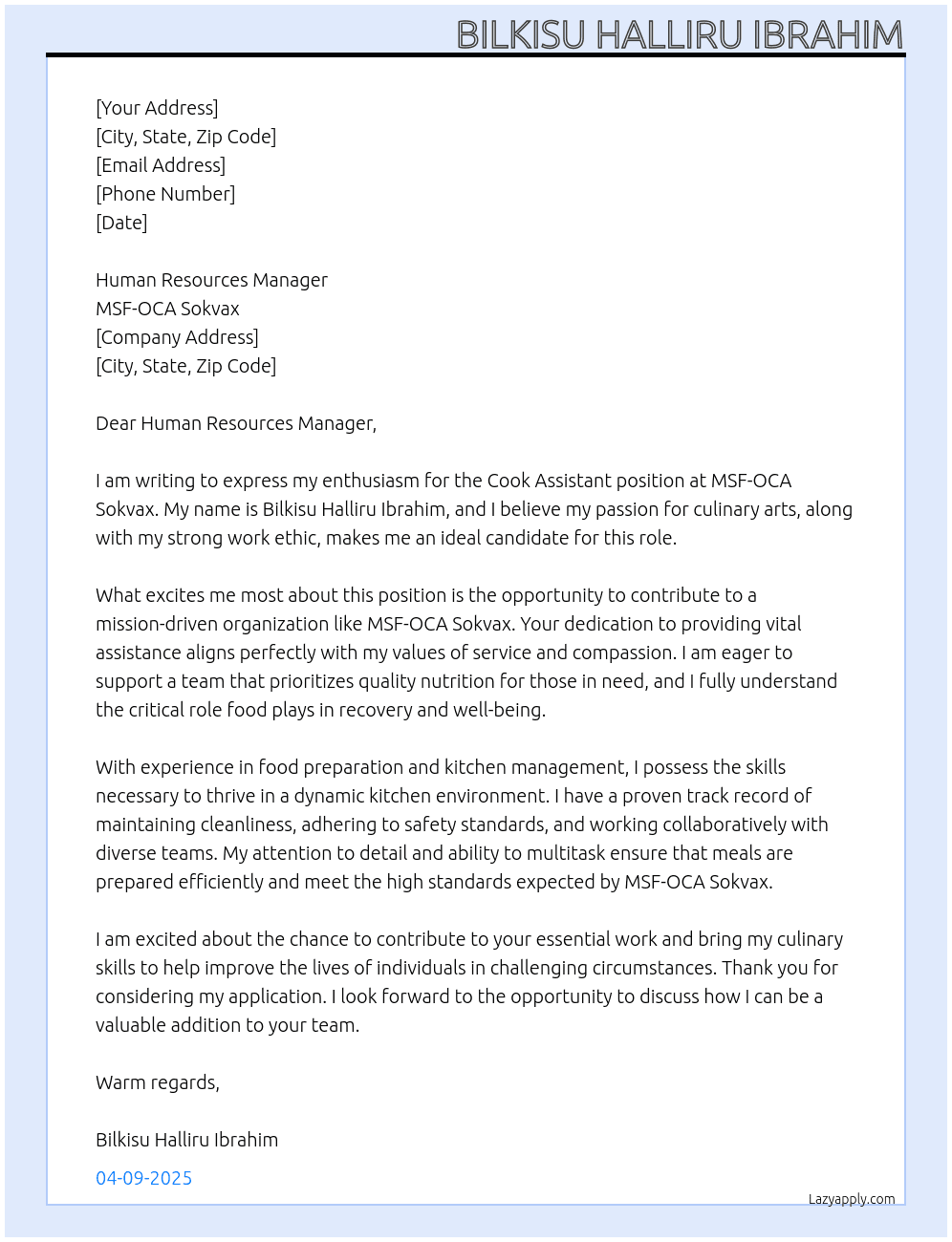 Cook Assistant At MSF-OCA Sokvax Cover Letter