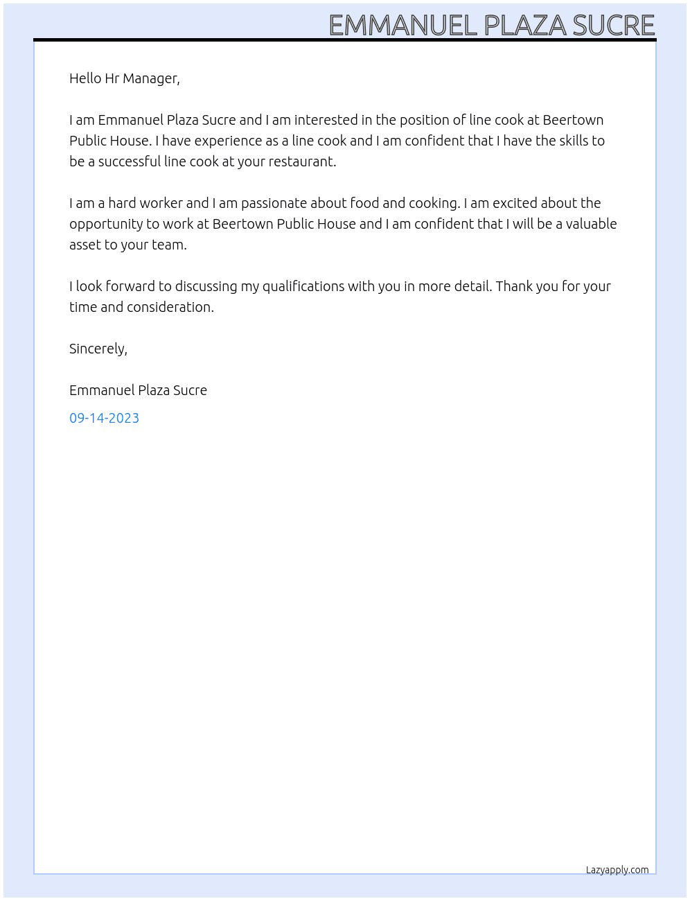 Line cook At Beertown Public House Cover Letter