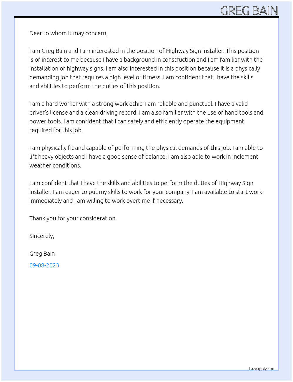 Highway Sign Installer At Anonymous Cover Letter