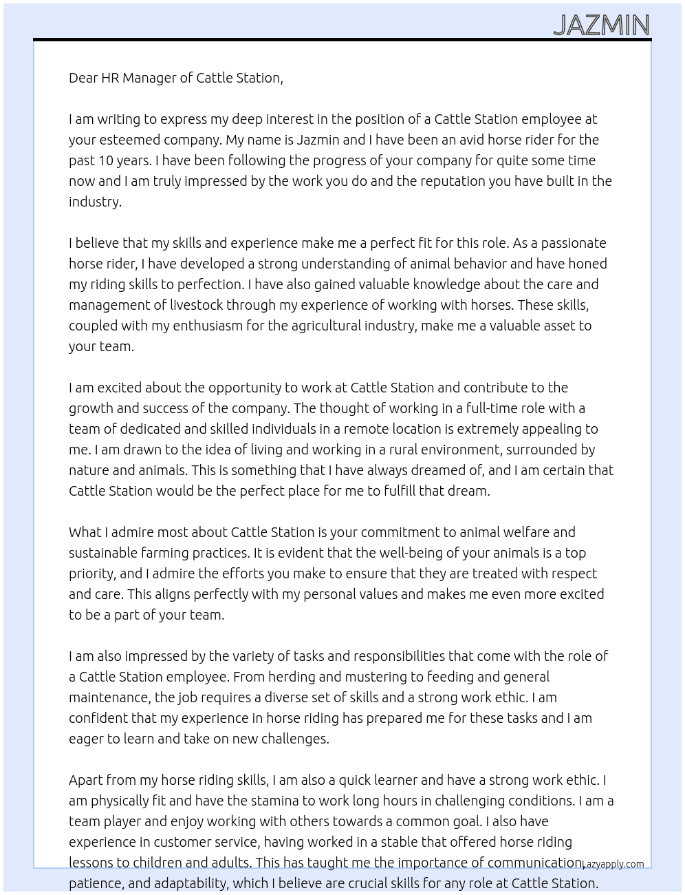 Cattle station  At Cattle station  Cover Letter