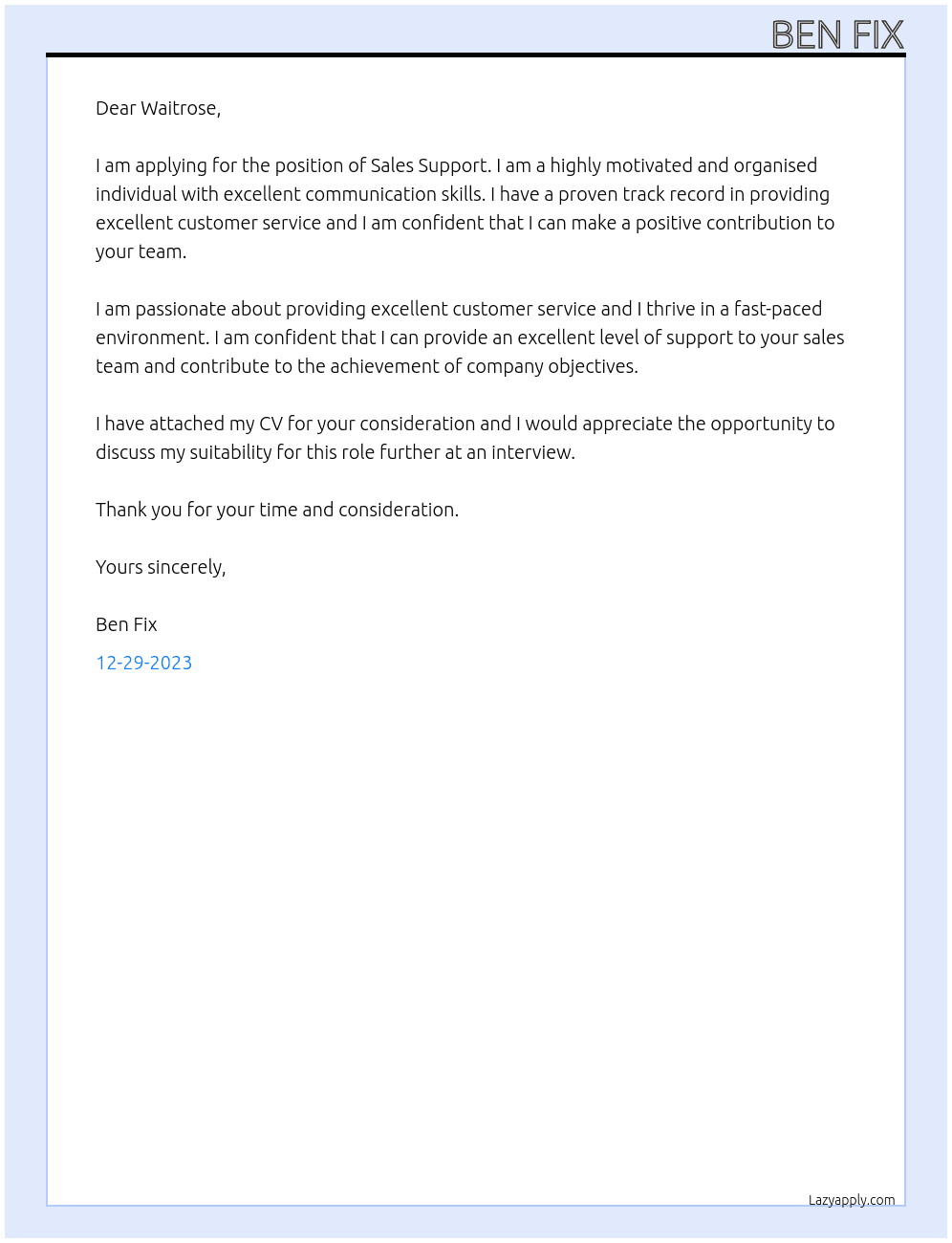 Sales support  At Waitrose  Cover Letter