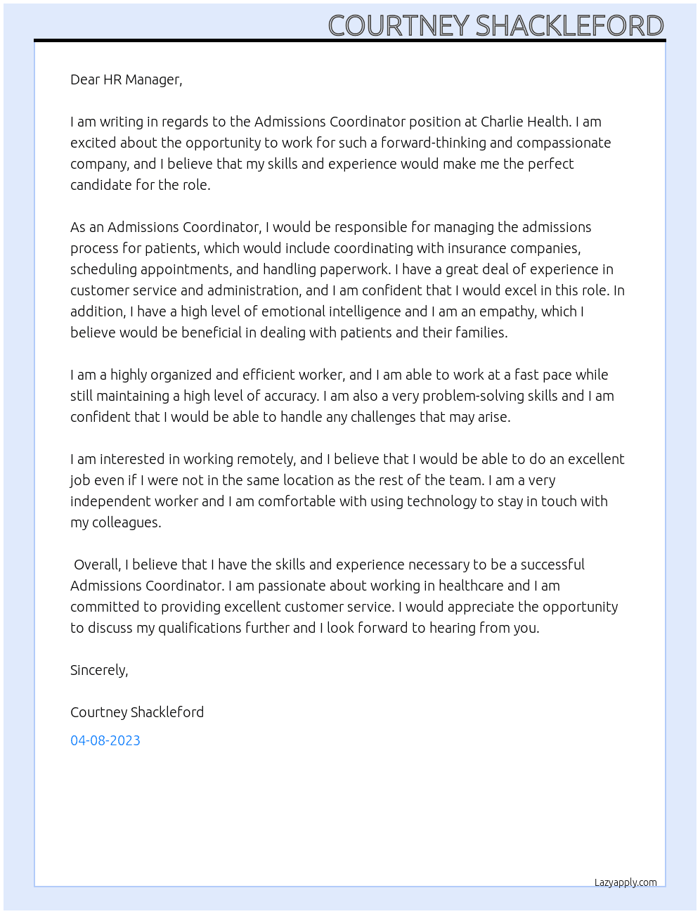 Admissions Coordinator At Charlie Health Cover Letter