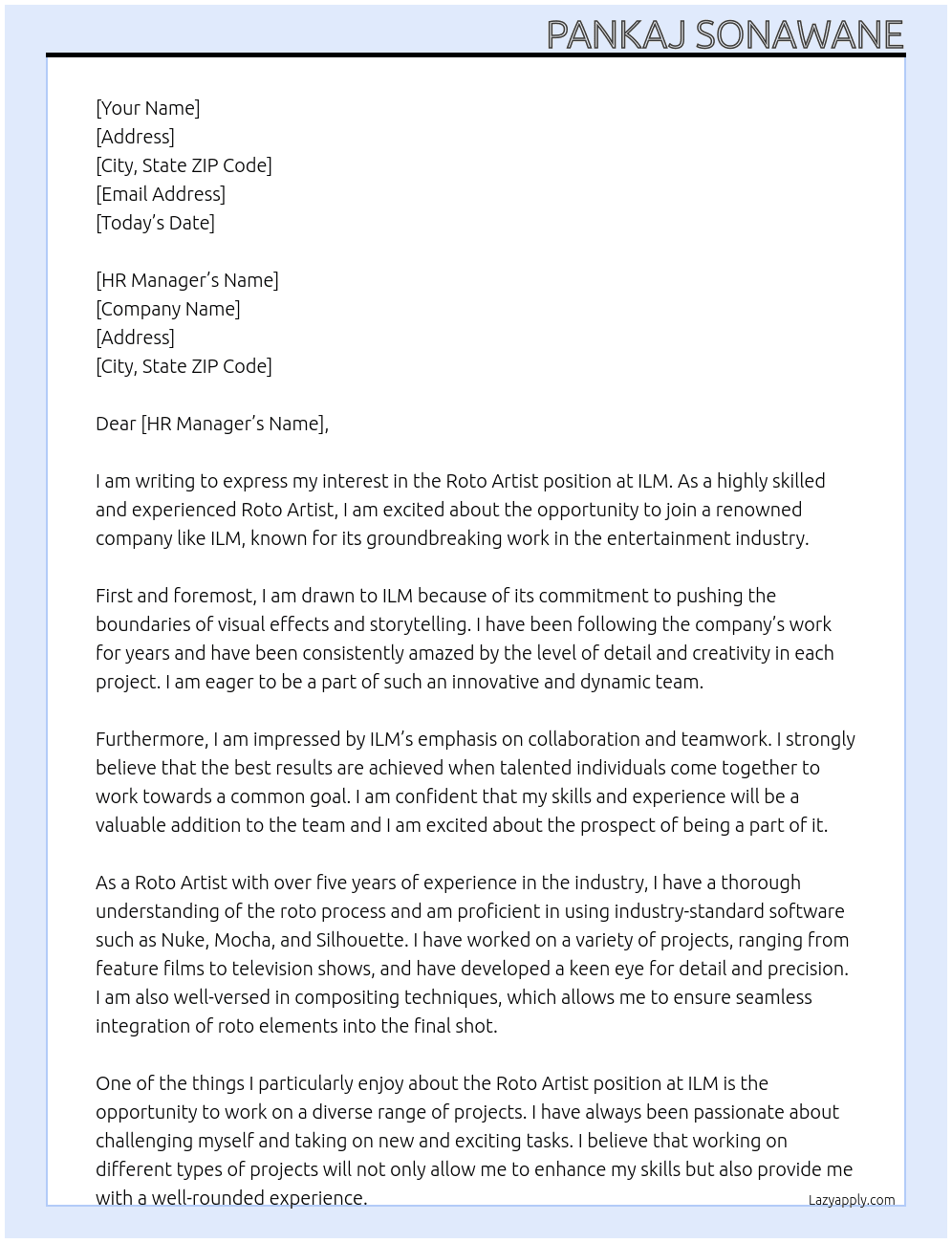 Roto Artist At ILM Cover Letter