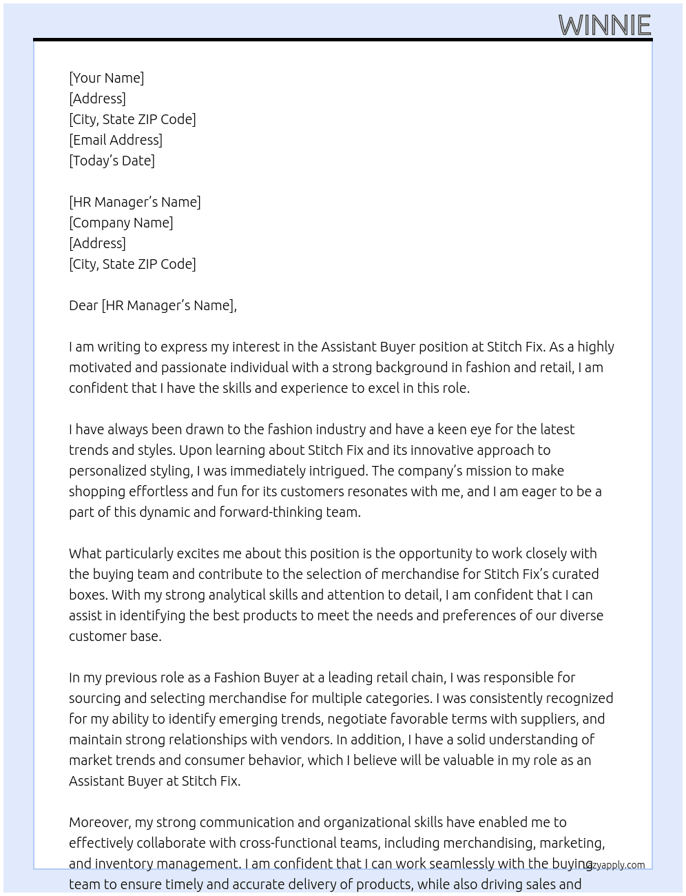 Assistant buyer At Stitch Fix Cover Letter