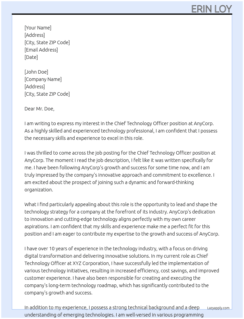 Chief Technology Officer At AnyCorp Cover Letter