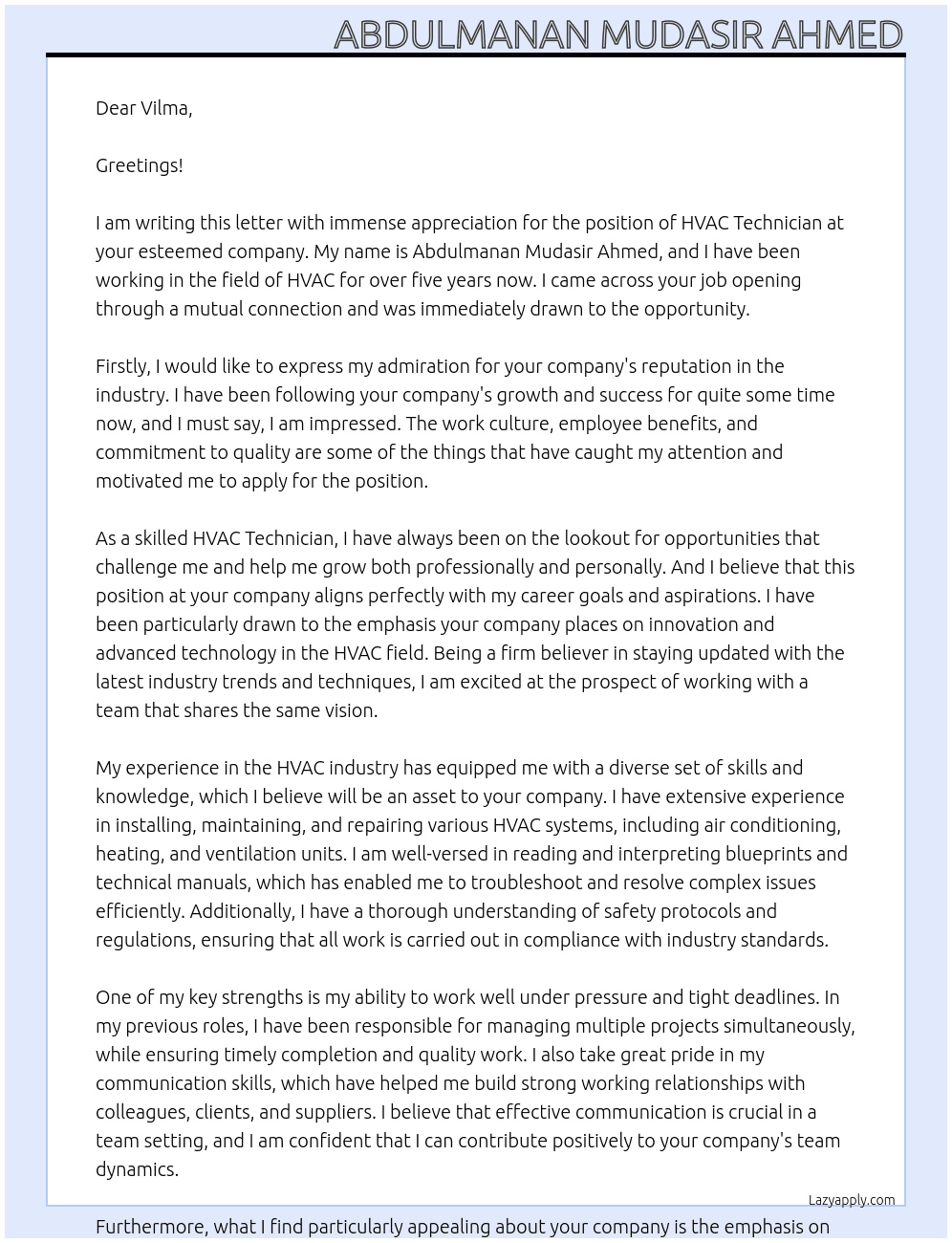HVAC Technincian At HR meneger Cover Letter