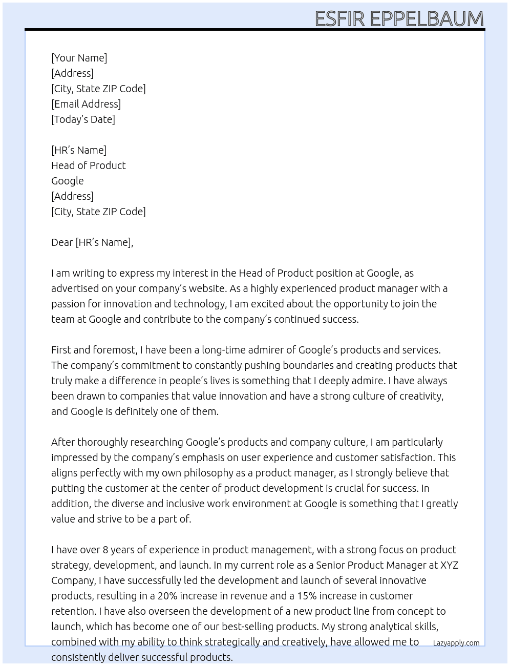 Head of product  At google Cover Letter